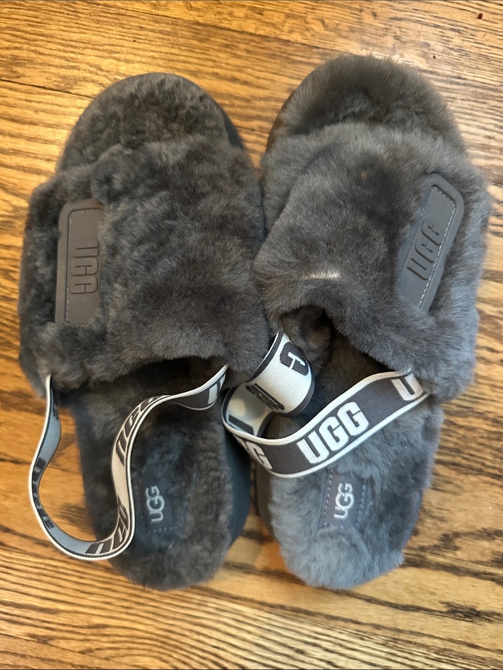 UGG Gray Plush Slide Sandals with Branded Heel Strap
